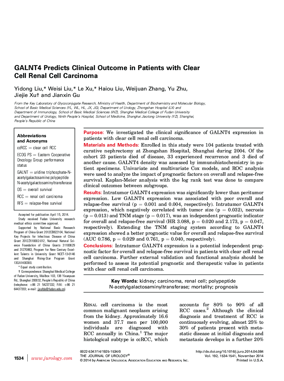 GALNT4 Predicts Clinical Outcome in Patients with Clear Cell Renal Cell Carcinoma 