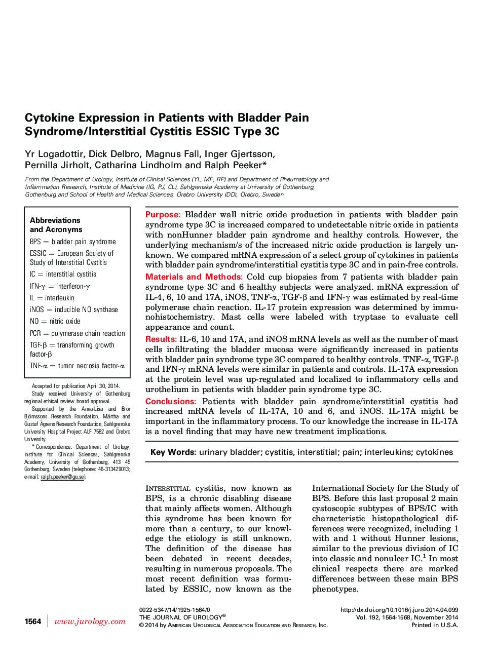 Cytokine Expression in Patients with Bladder Pain Syndrome/Interstitial Cystitis ESSIC Type 3C