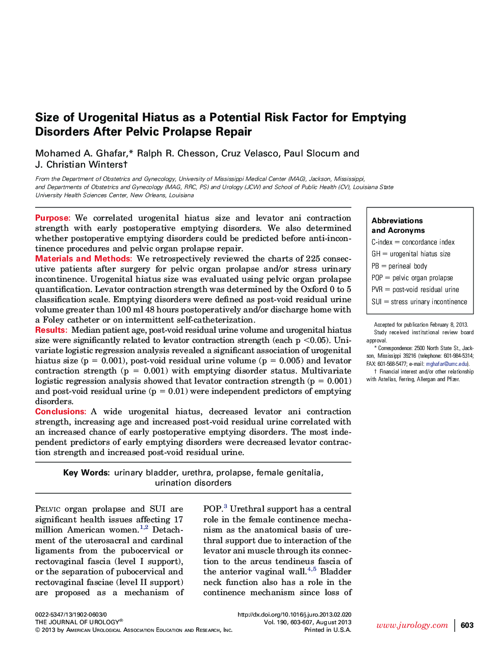 Size of Urogenital Hiatus as a Potential Risk Factor for Emptying Disorders After Pelvic Prolapse Repair 