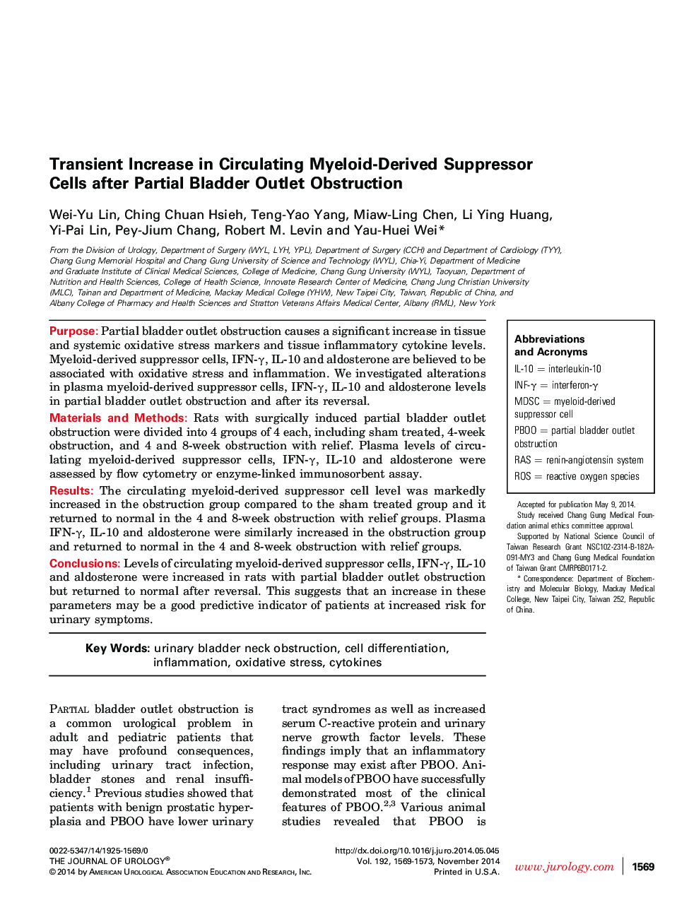 Transient Increase in Circulating Myeloid-Derived Suppressor Cells after Partial Bladder Outlet Obstruction