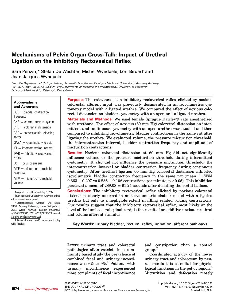 Mechanisms of Pelvic Organ Cross-Talk: Impact of Urethral Ligation on the Inhibitory Rectovesical Reflex 