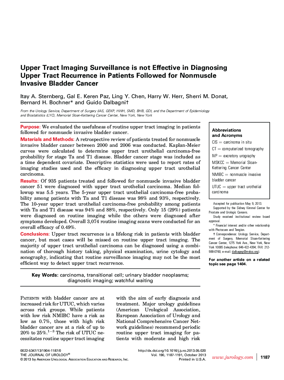Upper Tract Imaging Surveillance is not Effective in Diagnosing Upper Tract Recurrence in Patients Followed for Nonmuscle Invasive Bladder Cancer