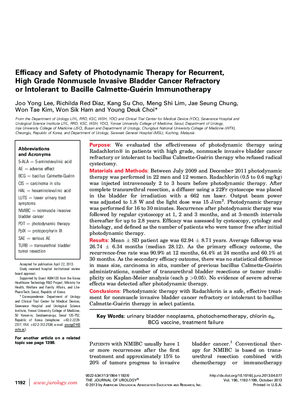 Efficacy and Safety of Photodynamic Therapy for Recurrent, High Grade Nonmuscle Invasive Bladder Cancer Refractory or Intolerant to Bacille Calmette-Guérin Immunotherapy 