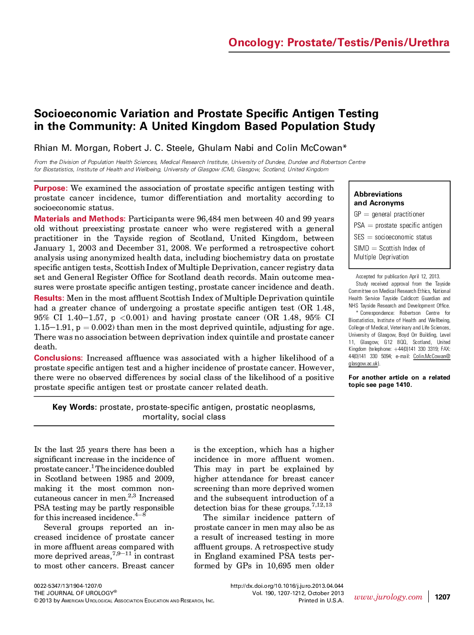 Socioeconomic Variation and Prostate Specific Antigen Testing in the Community: A United Kingdom Based Population Study 