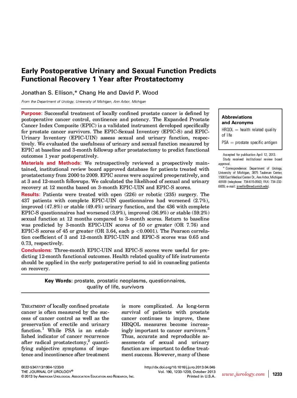 Early Postoperative Urinary and Sexual Function Predicts Functional Recovery 1 Year after Prostatectomy 