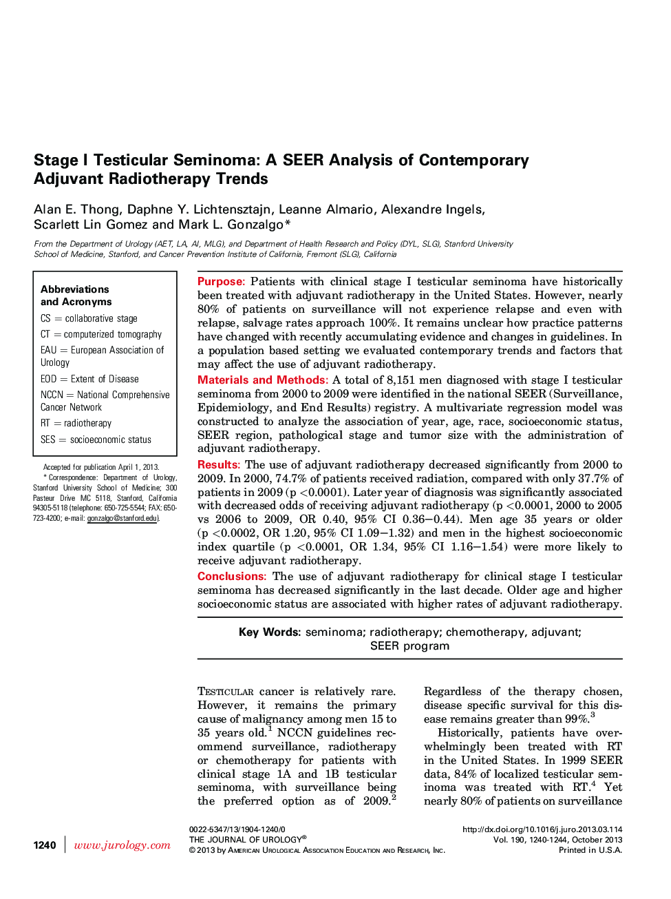 Stage I Testicular Seminoma: A SEER Analysis of Contemporary Adjuvant Radiotherapy Trends