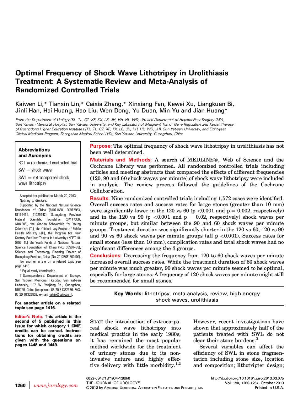 Optimal Frequency of Shock Wave Lithotripsy in Urolithiasis Treatment: A Systematic Review and Meta-Analysis of Randomized Controlled Trials 