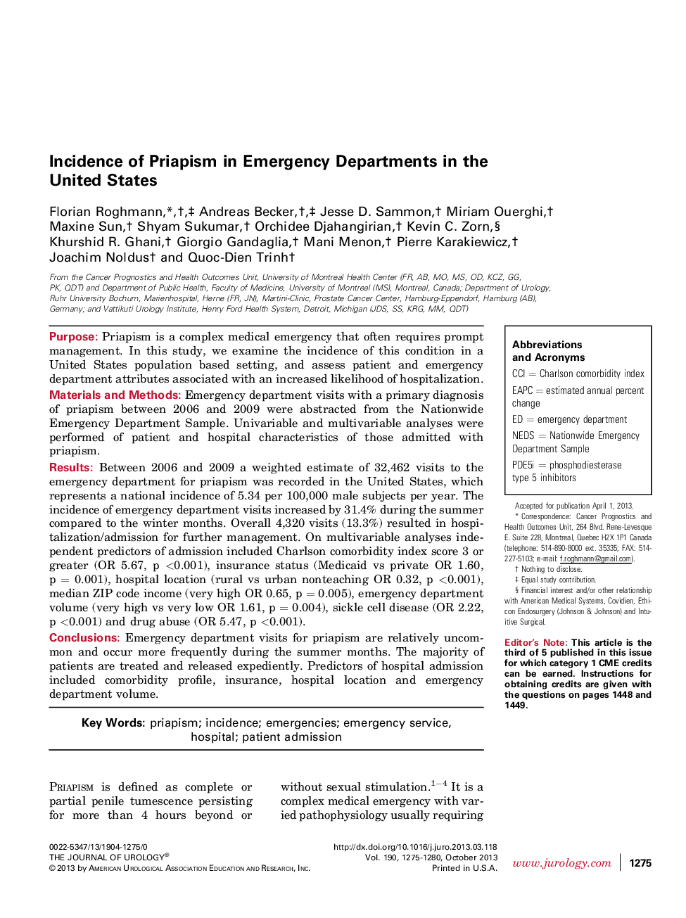 Incidence of Priapism in Emergency Departments in the United States 