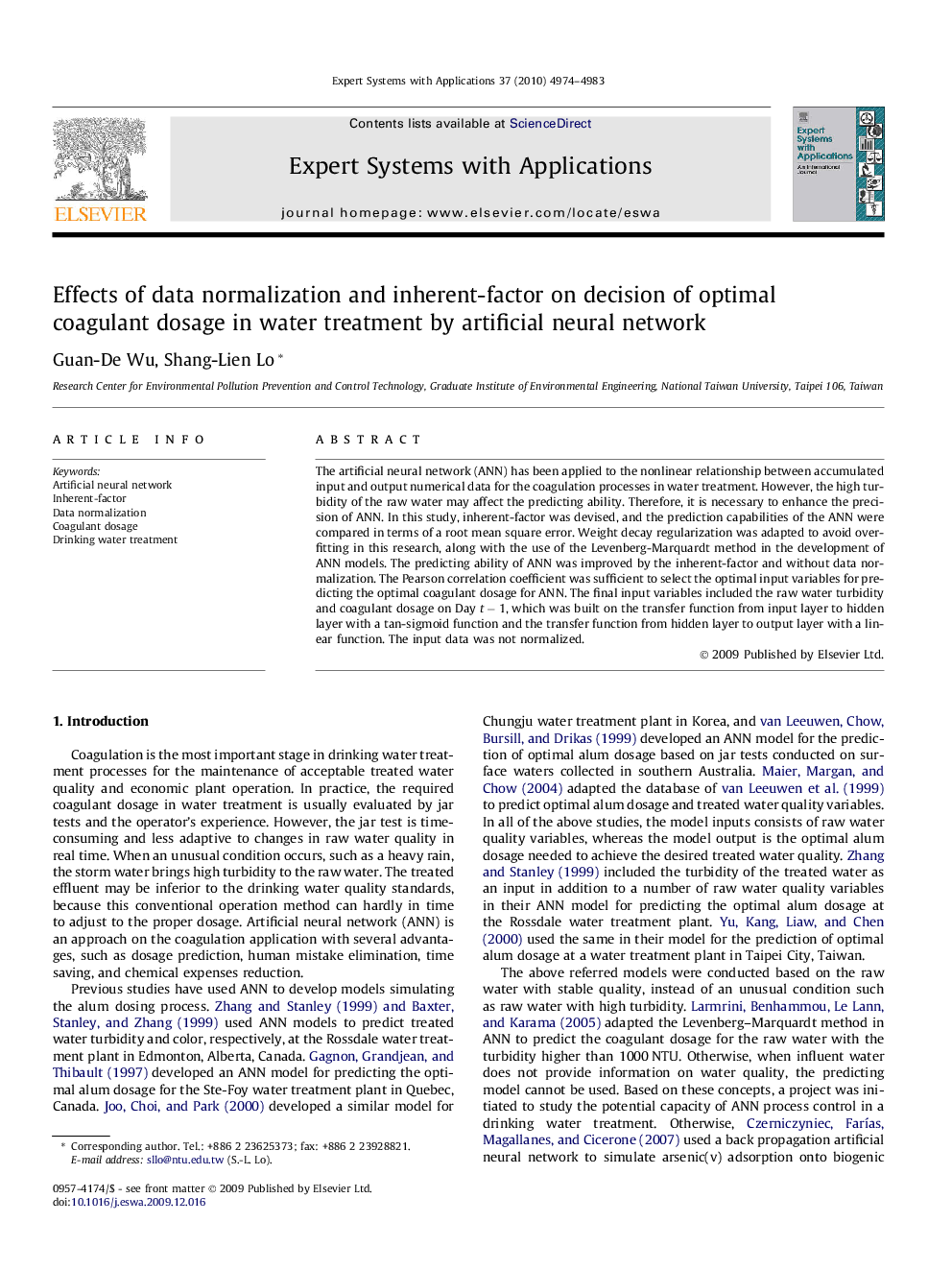 Effects of data normalization and inherent-factor on decision of optimal coagulant dosage in water treatment by artificial neural network