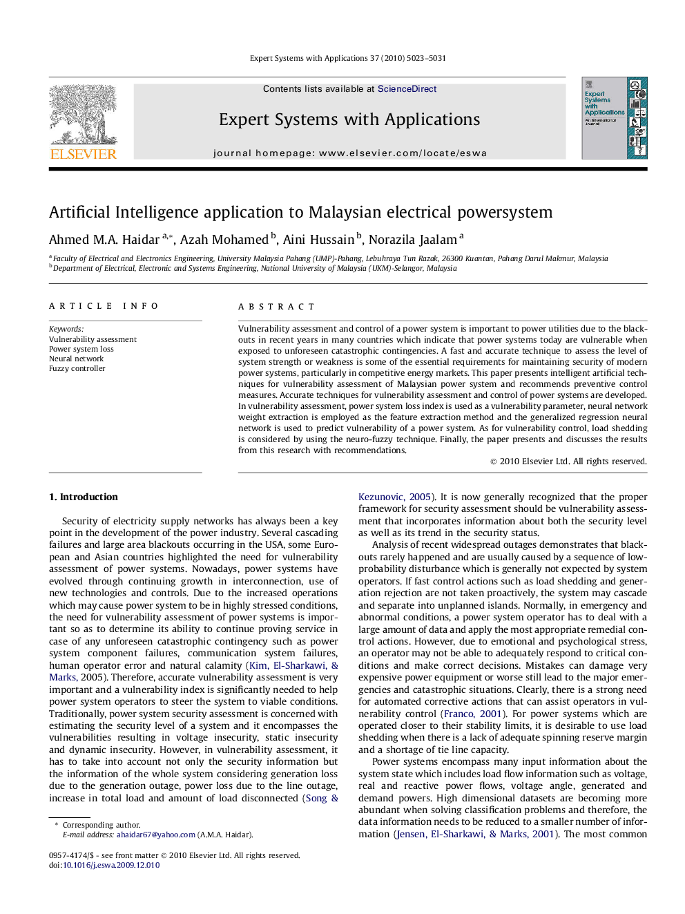عکس صفحه اول مقاله: Artificial Intelligence application to Malaysian electrical powersystem Artificial Intelligence application to Malaysian electrical powersystem