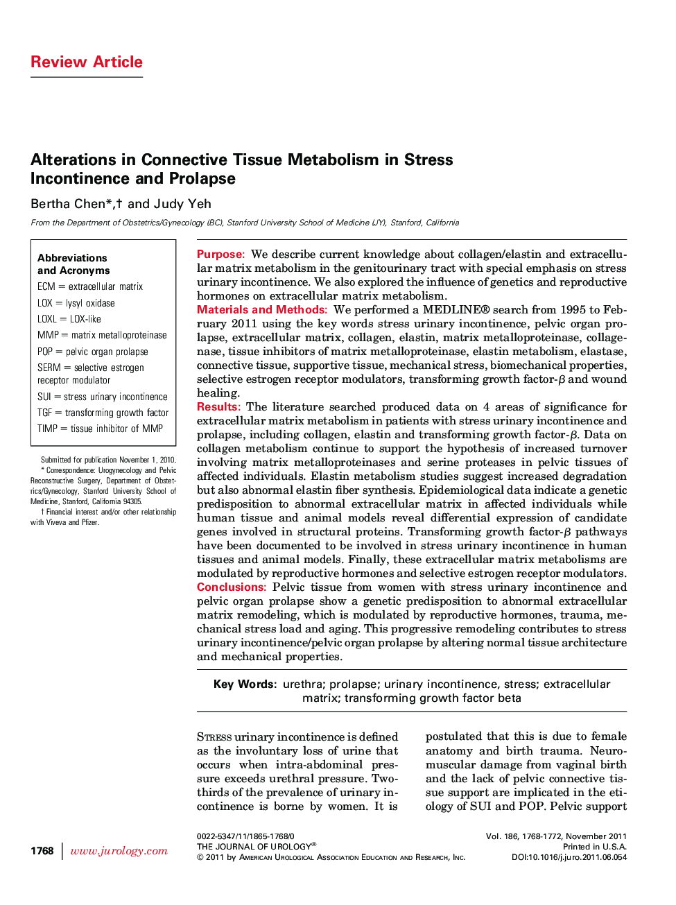 Alterations in Connective Tissue Metabolism in Stress Incontinence and Prolapse