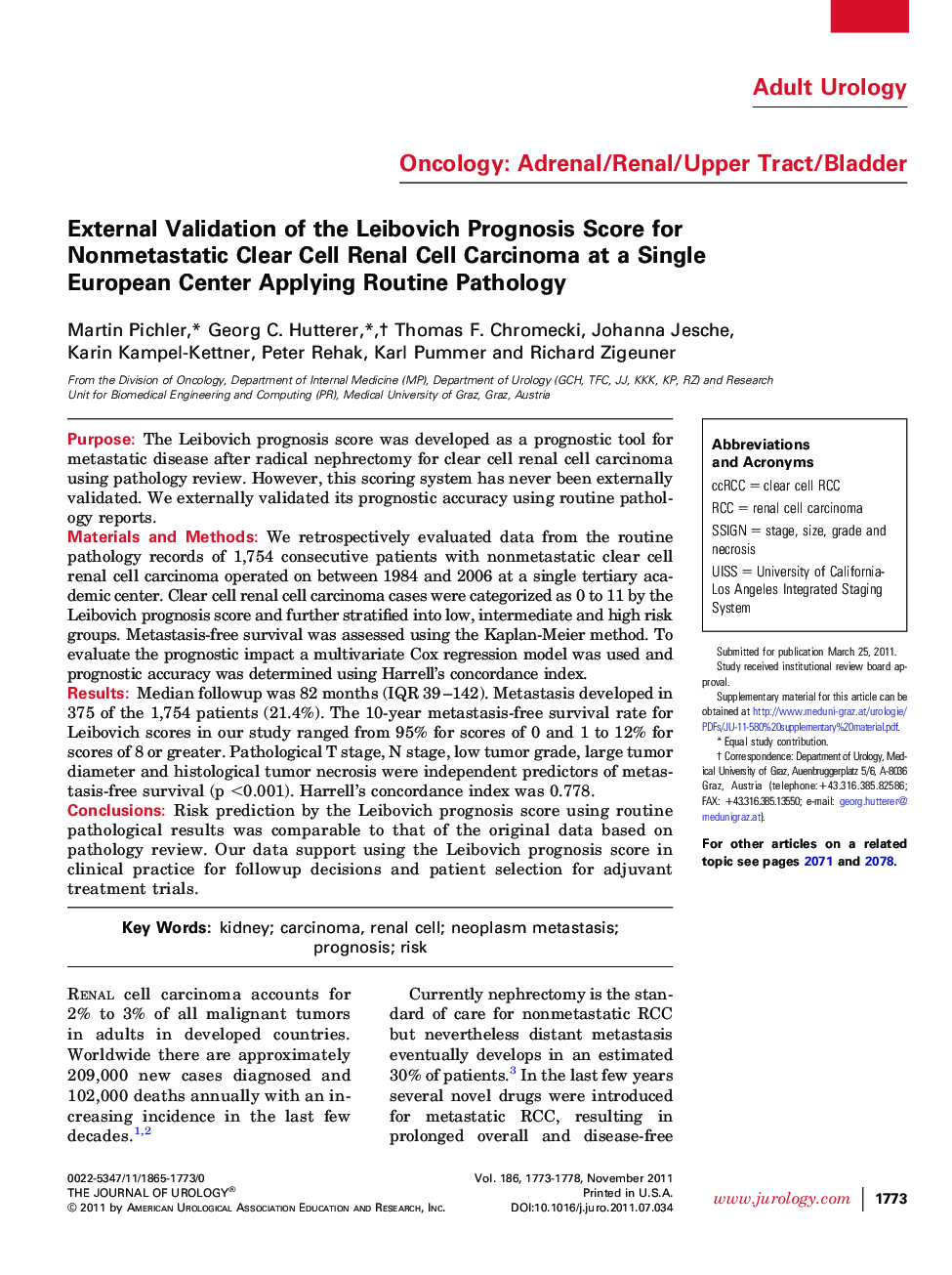 External Validation of the Leibovich Prognosis Score for Nonmetastatic Clear Cell Renal Cell Carcinoma at a Single European Center Applying Routine Pathology 