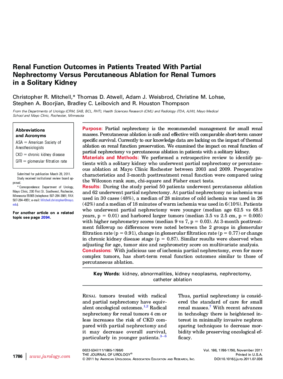 Renal Function Outcomes in Patients Treated With Partial Nephrectomy Versus Percutaneous Ablation for Renal Tumors in a Solitary Kidney 