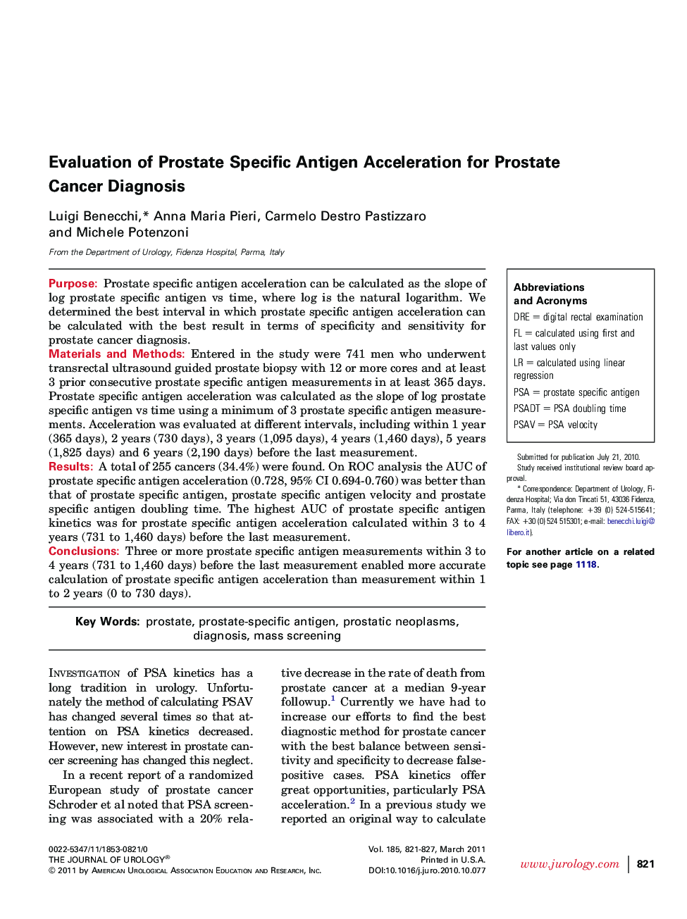 Evaluation of Prostate Specific Antigen Acceleration for Prostate Cancer Diagnosis