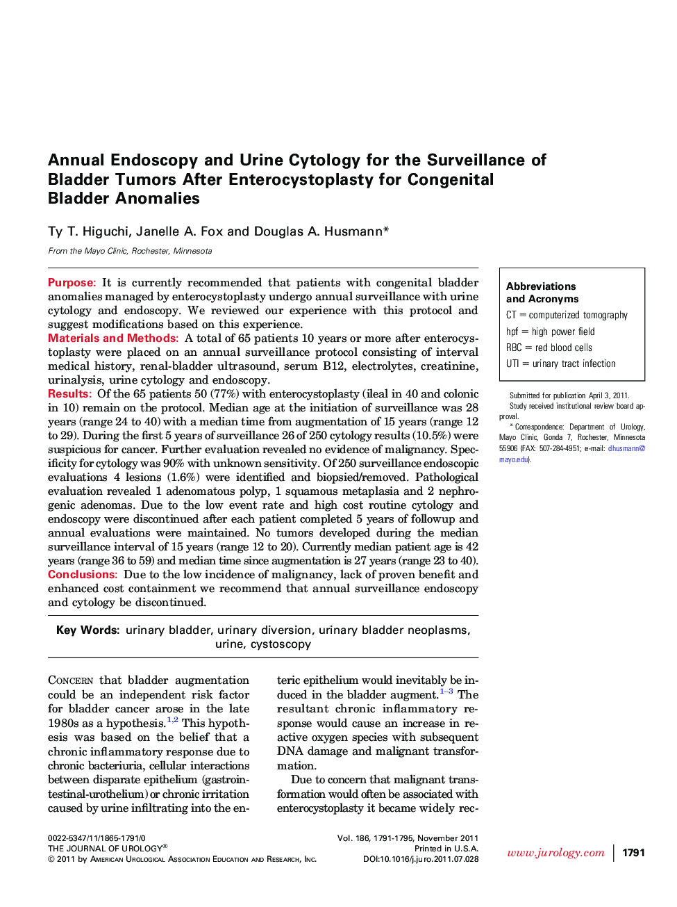 Annual Endoscopy and Urine Cytology for the Surveillance of Bladder Tumors After Enterocystoplasty for Congenital Bladder Anomalies 