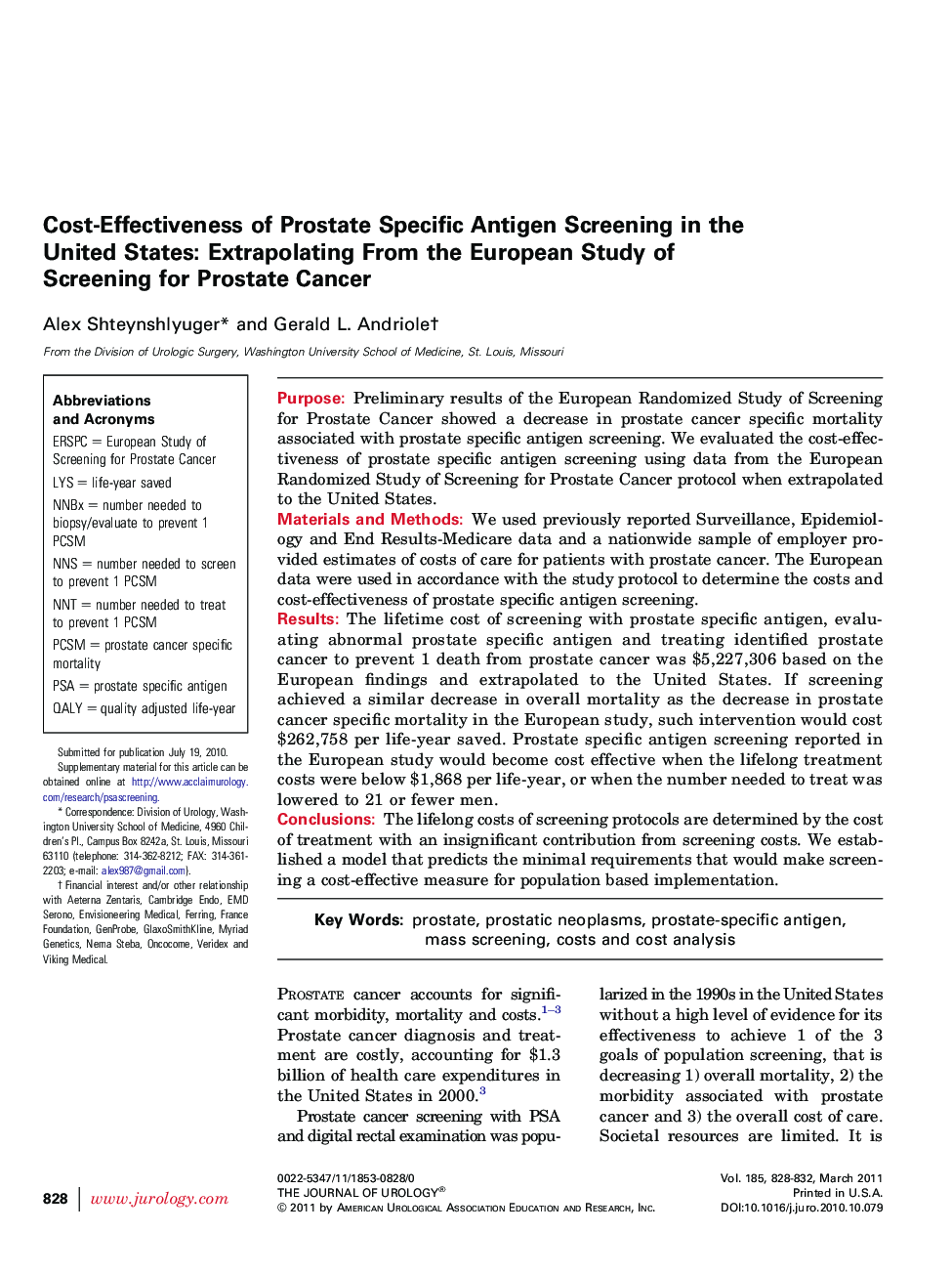 Cost-Effectiveness of Prostate Specific Antigen Screening in the United States: Extrapolating From the European Study of Screening for Prostate Cancer 