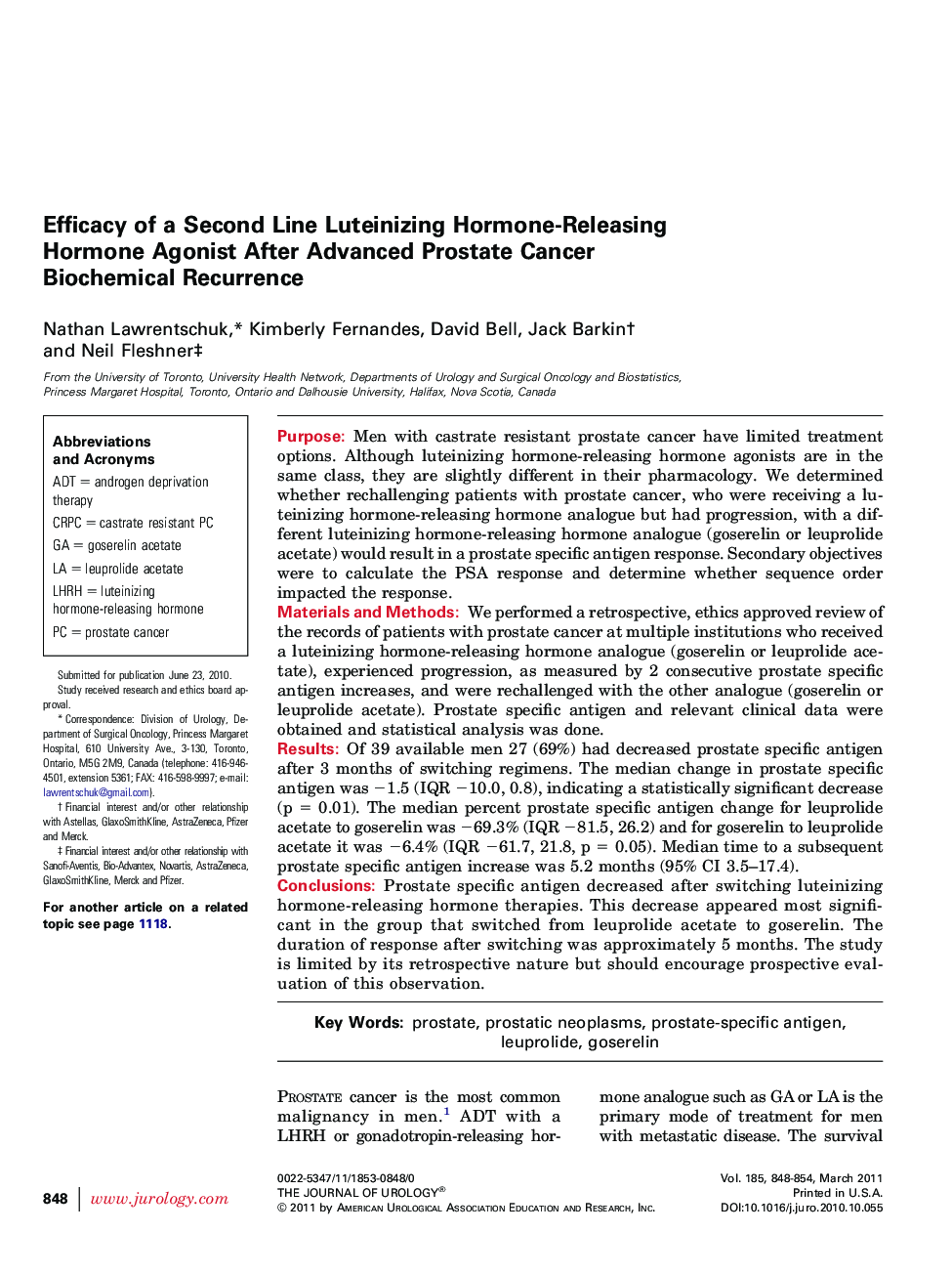 Efficacy of a Second Line Luteinizing Hormone-Releasing Hormone Agonist After Advanced Prostate Cancer Biochemical Recurrence