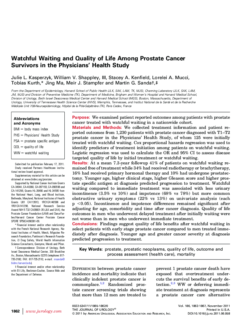 Watchful Waiting and Quality of Life Among Prostate Cancer Survivors in the Physicians' Health Study 