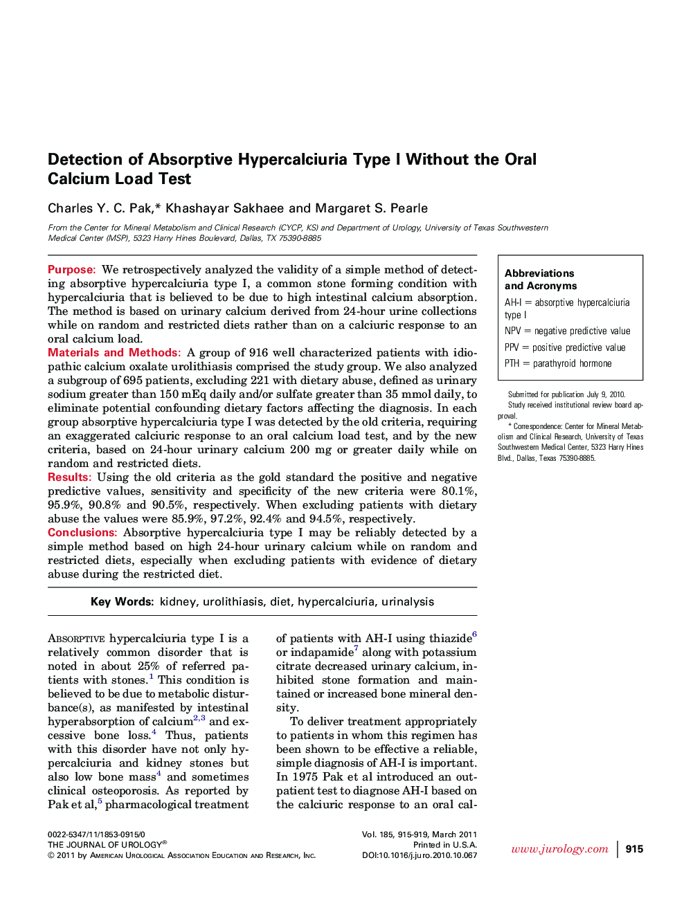 Detection of Absorptive Hypercalciuria Type I Without the Oral Calcium Load Test 