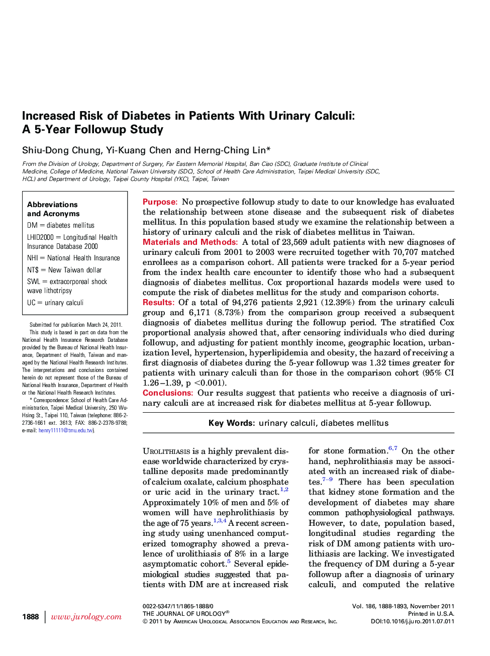 Increased Risk of Diabetes in Patients With Urinary Calculi: A 5-Year Followup Study 