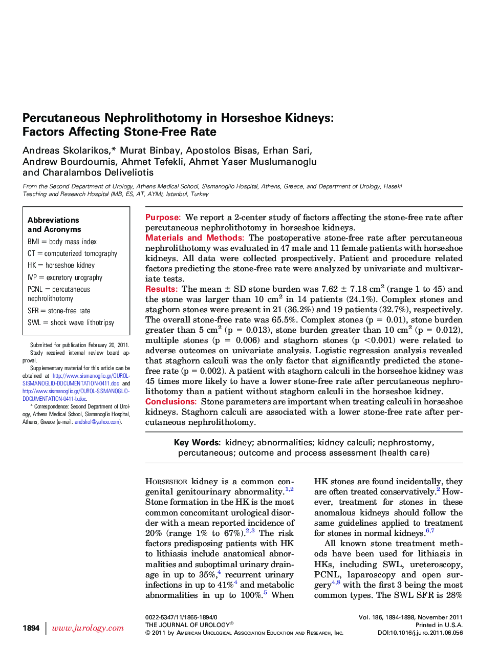 Percutaneous Nephrolithotomy in Horseshoe Kidneys: Factors Affecting Stone-Free Rate 