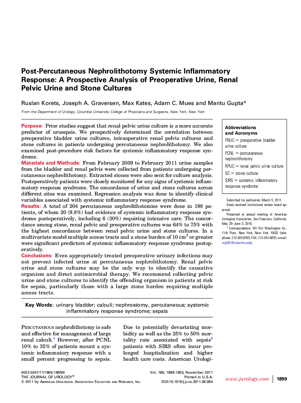 Post-Percutaneous Nephrolithotomy Systemic Inflammatory Response: A Prospective Analysis of Preoperative Urine, Renal Pelvic Urine and Stone Cultures