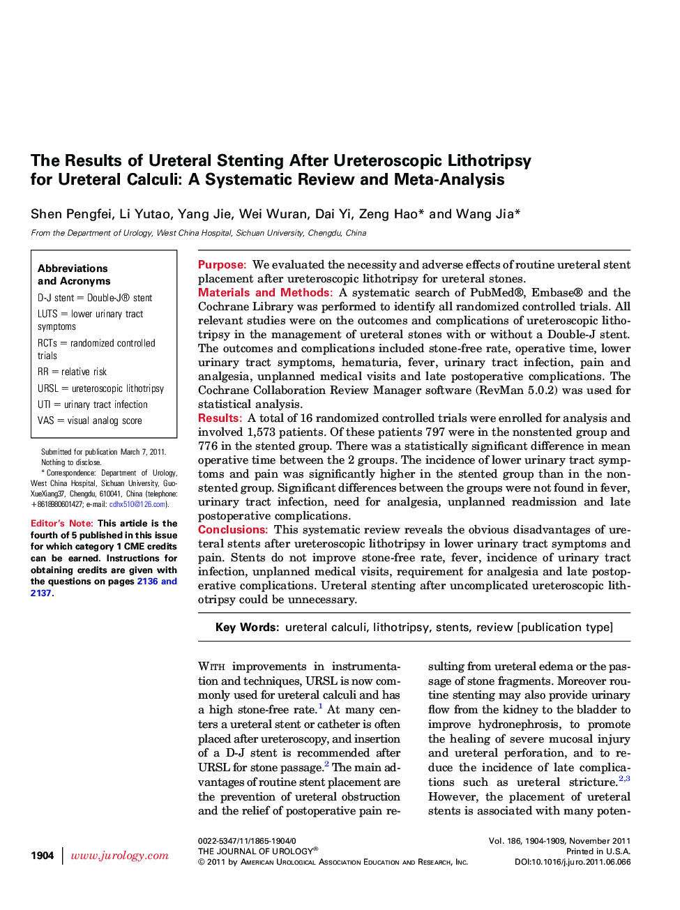 The Results of Ureteral Stenting After Ureteroscopic Lithotripsy for Ureteral Calculi: A Systematic Review and Meta-Analysis 