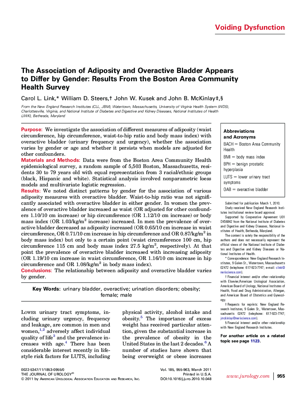 The Association of Adiposity and Overactive Bladder Appears to Differ by Gender: Results From the Boston Area Community Health Survey
