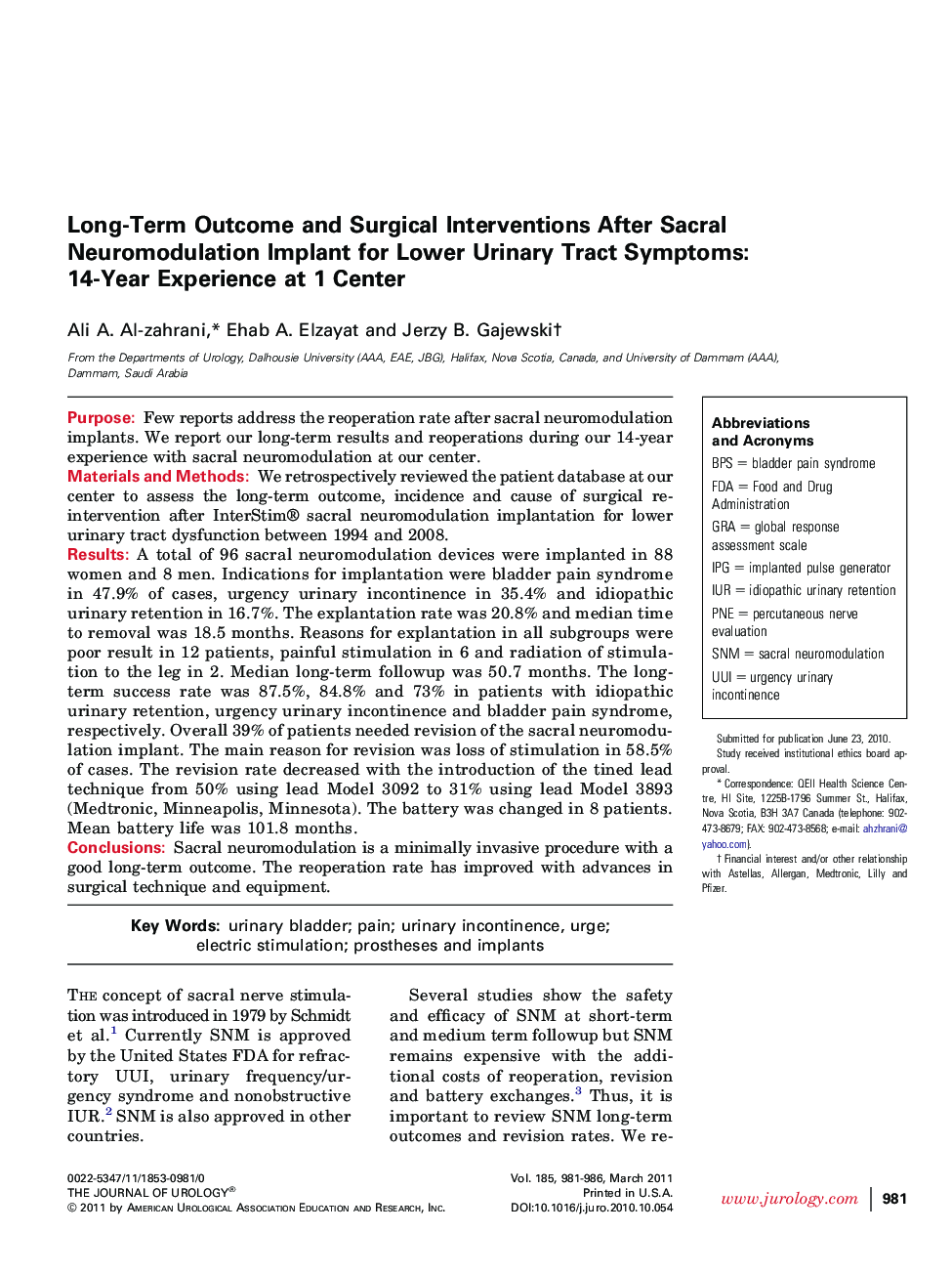 Long-Term Outcome and Surgical Interventions After Sacral Neuromodulation Implant for Lower Urinary Tract Symptoms: 14-Year Experience at 1 Center