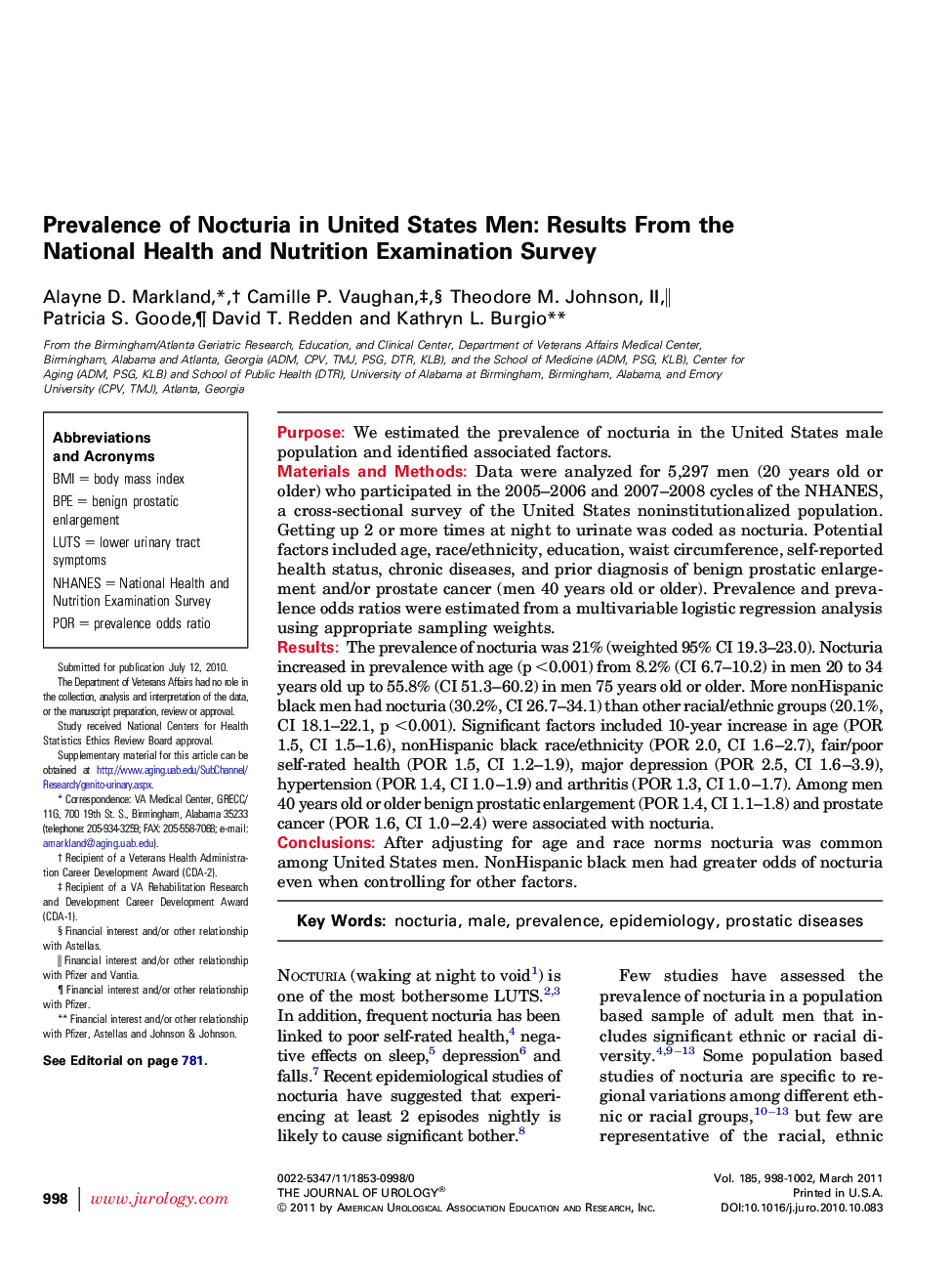 Prevalence of Nocturia in United States Men: Results From the National Health and Nutrition Examination Survey 