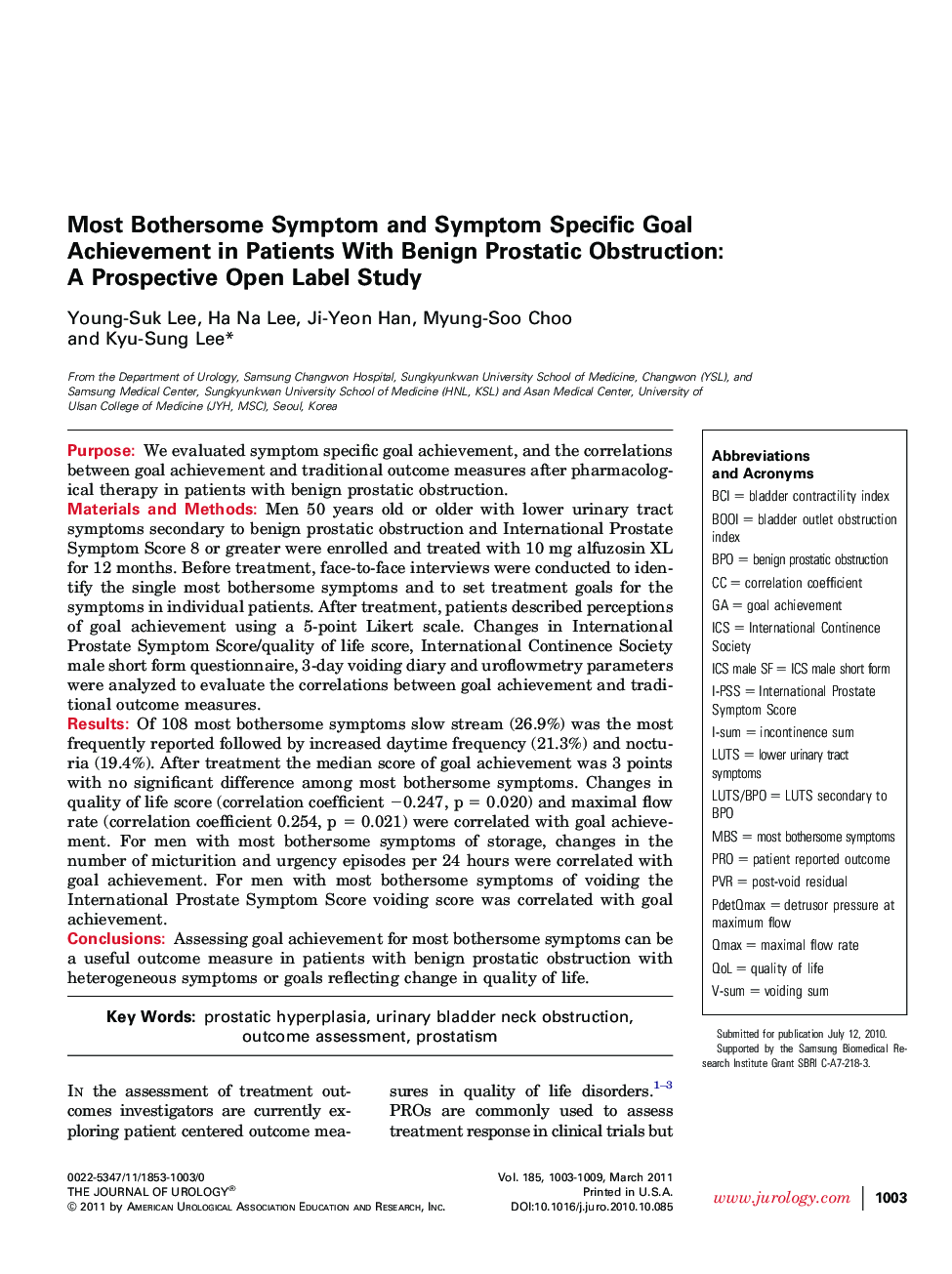 Most Bothersome Symptom and Symptom Specific Goal Achievement in Patients With Benign Prostatic Obstruction: A Prospective Open Label Study 