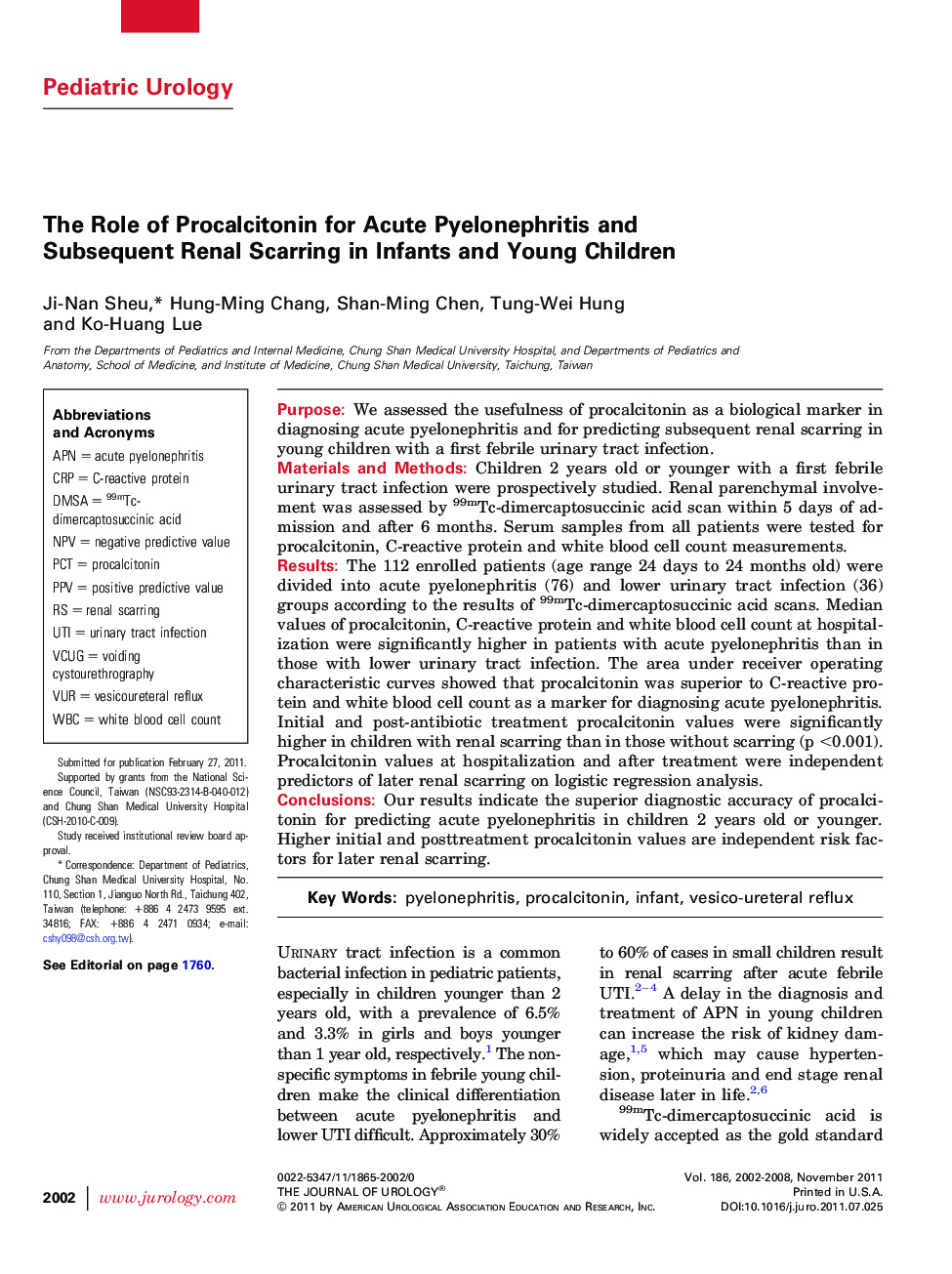 The Role of Procalcitonin for Acute Pyelonephritis and Subsequent Renal Scarring in Infants and Young Children