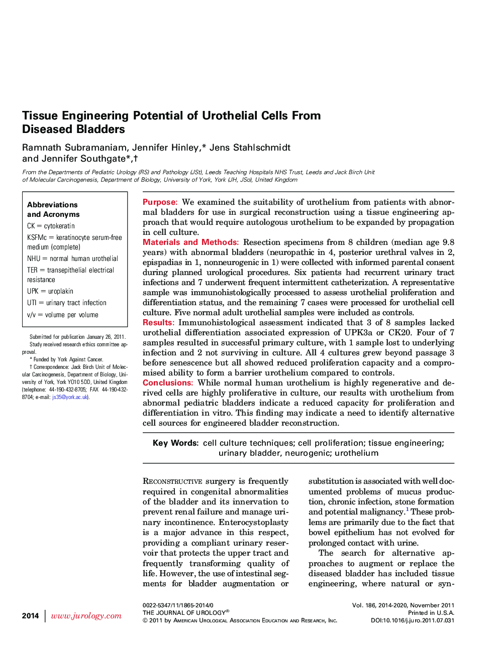 Tissue Engineering Potential of Urothelial Cells From Diseased Bladders 