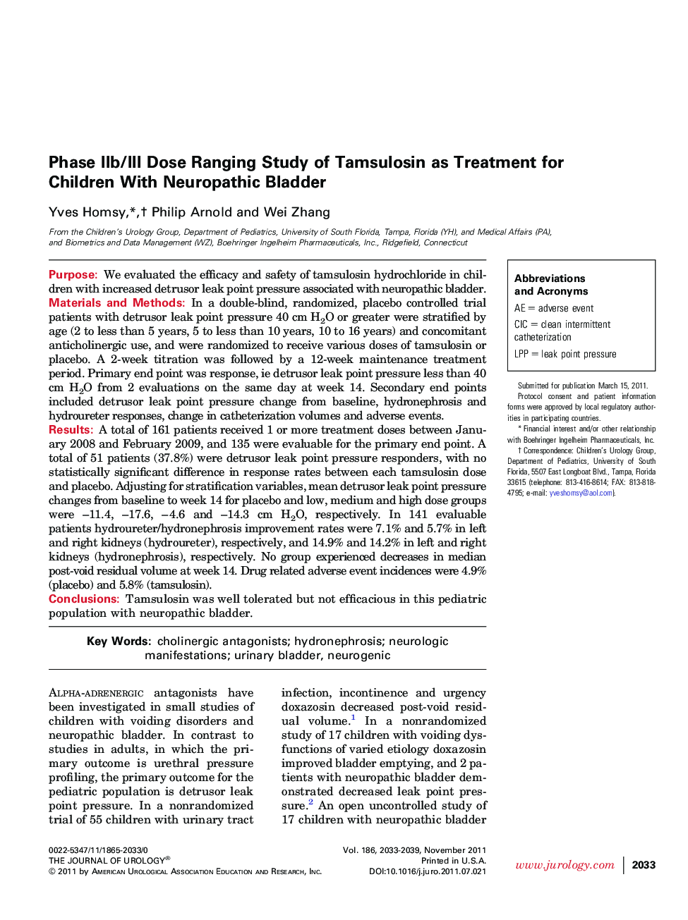 Phase IIb/III Dose Ranging Study of Tamsulosin as Treatment for Children With Neuropathic Bladder 