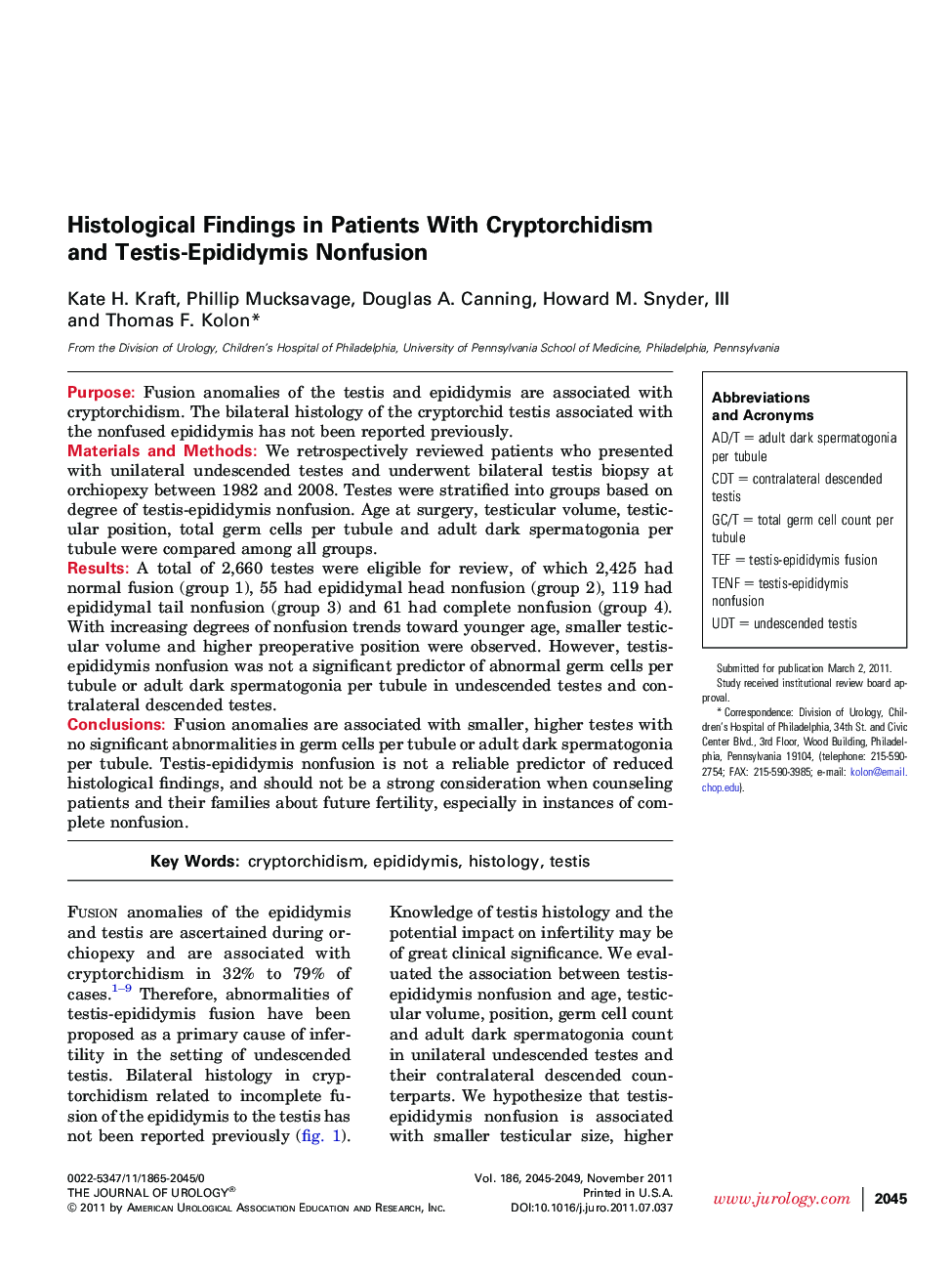 Histological Findings in Patients With Cryptorchidism and Testis-Epididymis Nonfusion 