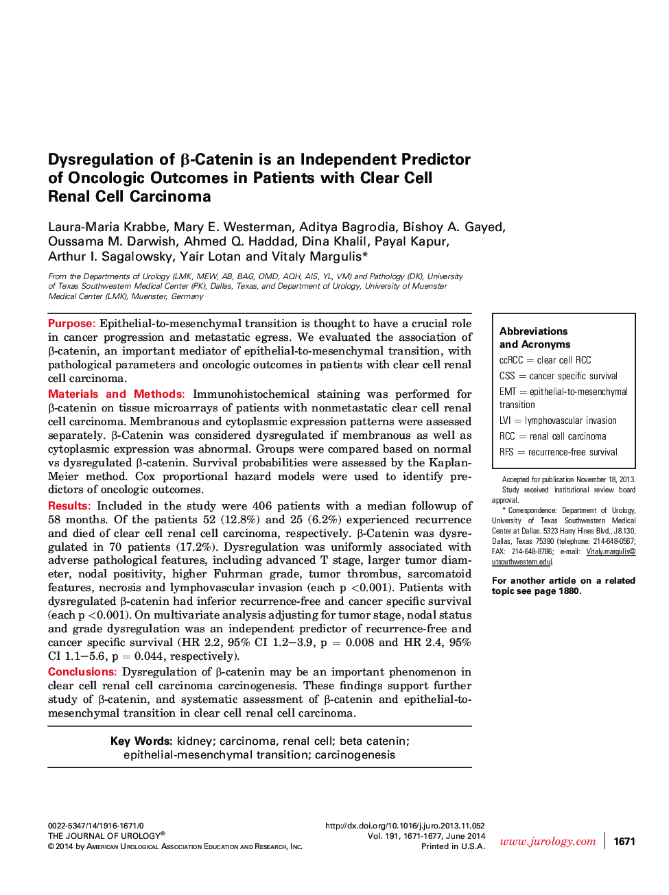 Dysregulation of β-Catenin is an Independent Predictor of Oncologic Outcomes in Patients with Clear Cell Renal Cell Carcinoma 