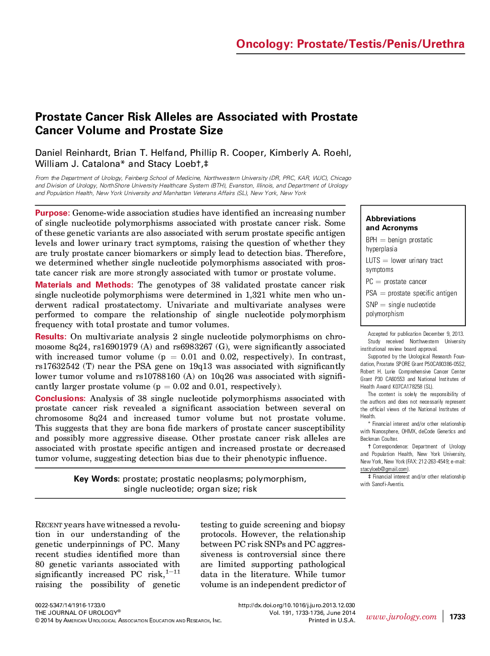 Prostate Cancer Risk Alleles are Associated with Prostate Cancer Volume and Prostate Size 