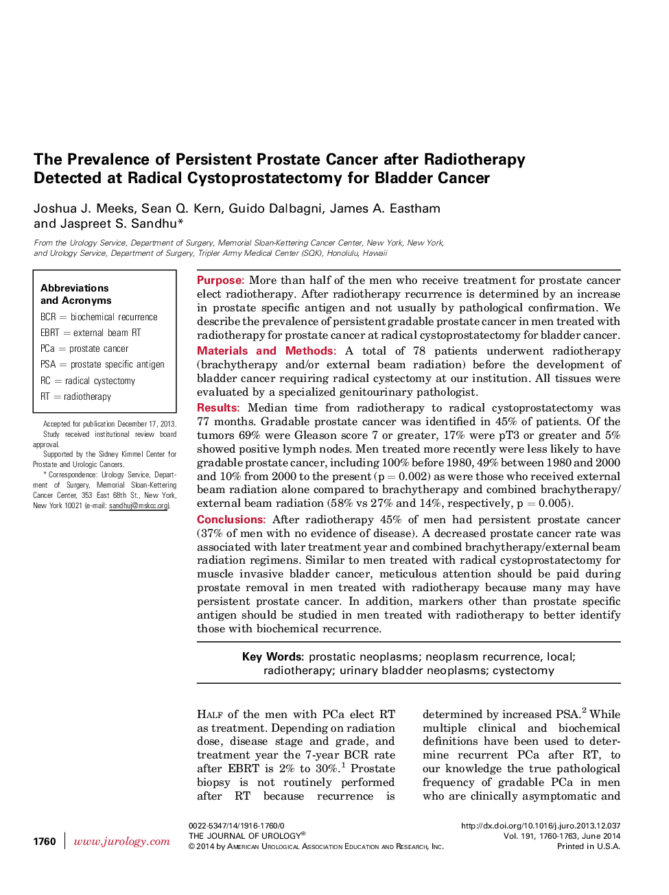 The Prevalence of Persistent Prostate Cancer after Radiotherapy Detected at Radical Cystoprostatectomy for Bladder Cancer 
