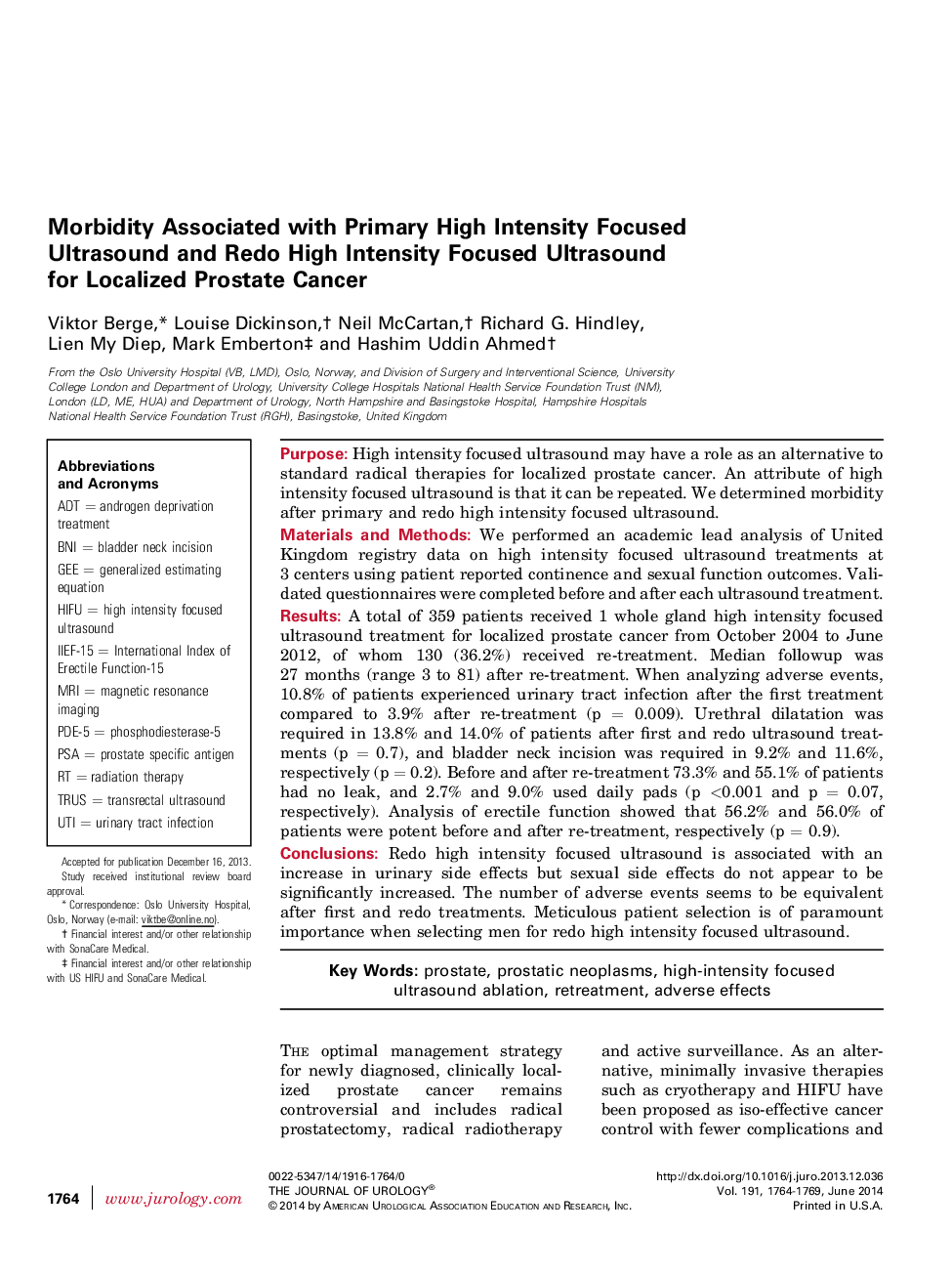 Morbidity Associated with Primary High Intensity Focused Ultrasound and Redo High Intensity Focused Ultrasound for Localized Prostate Cancer 