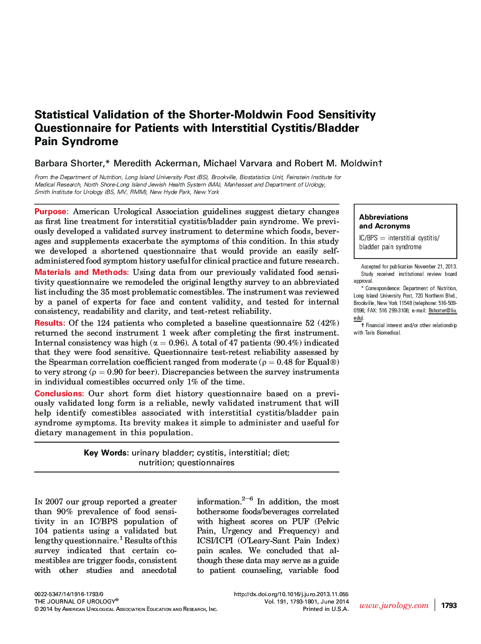 Statistical Validation of the Shorter-Moldwin Food Sensitivity Questionnaire for Patients with Interstitial Cystitis/Bladder Pain Syndrome