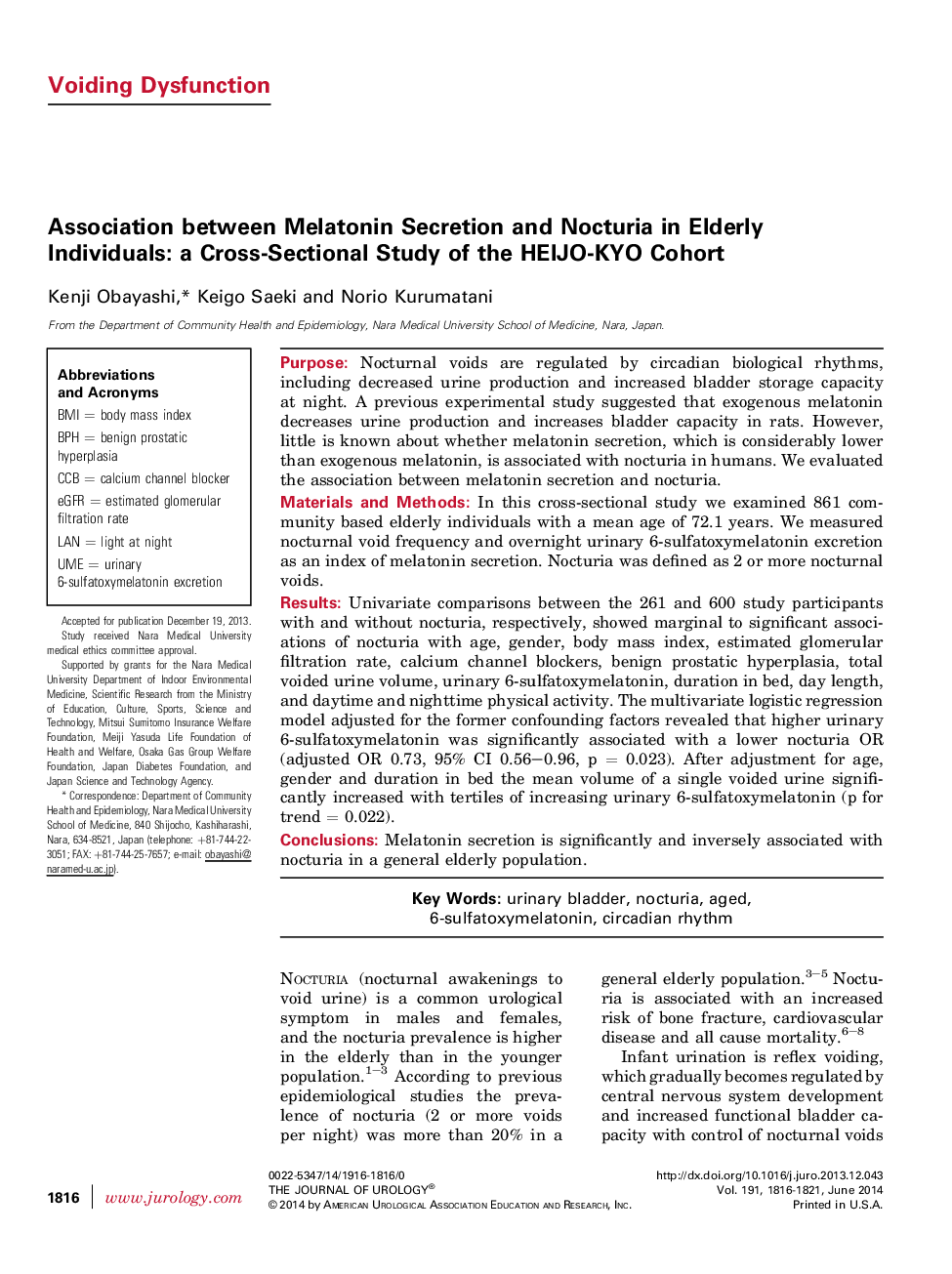 Association between Melatonin Secretion and Nocturia in Elderly Individuals: a Cross-Sectional Study of the HEIJO-KYO Cohort 