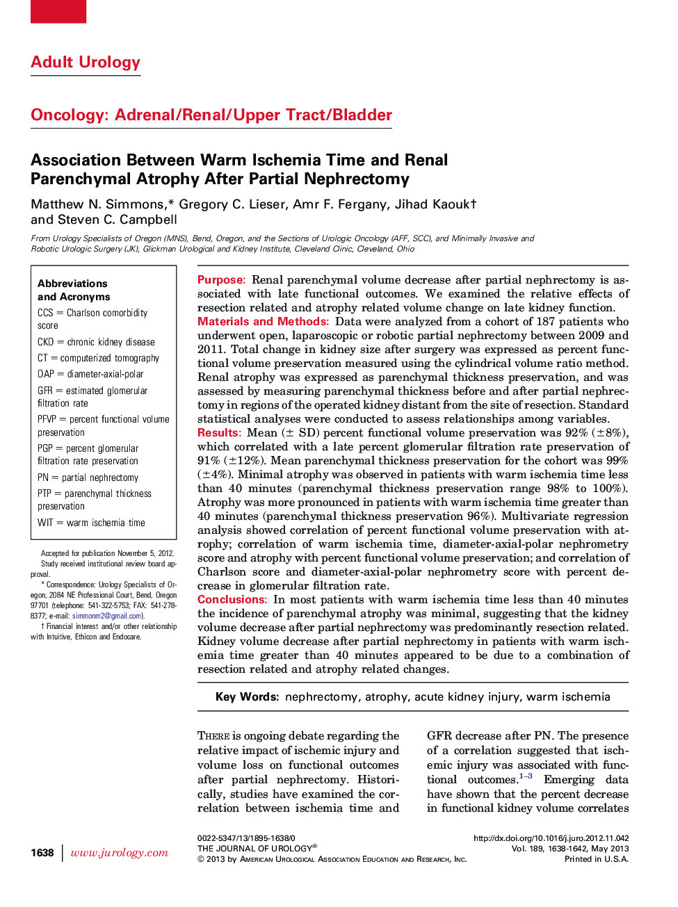 Association Between Warm Ischemia Time and Renal Parenchymal Atrophy After Partial Nephrectomy