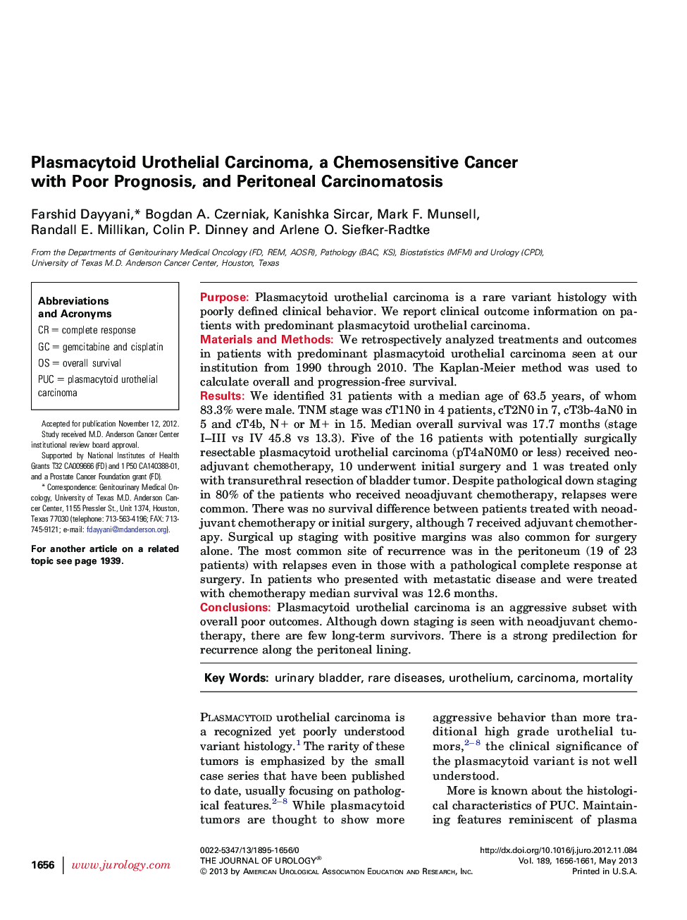 Plasmacytoid Urothelial Carcinoma, a Chemosensitive Cancer with Poor Prognosis, and Peritoneal Carcinomatosis