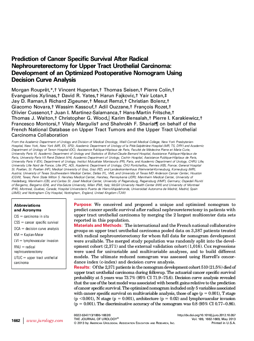 Prediction of Cancer Specific Survival After Radical Nephroureterectomy for Upper Tract Urothelial Carcinoma: Development of an Optimized Postoperative Nomogram Using Decision Curve Analysis 