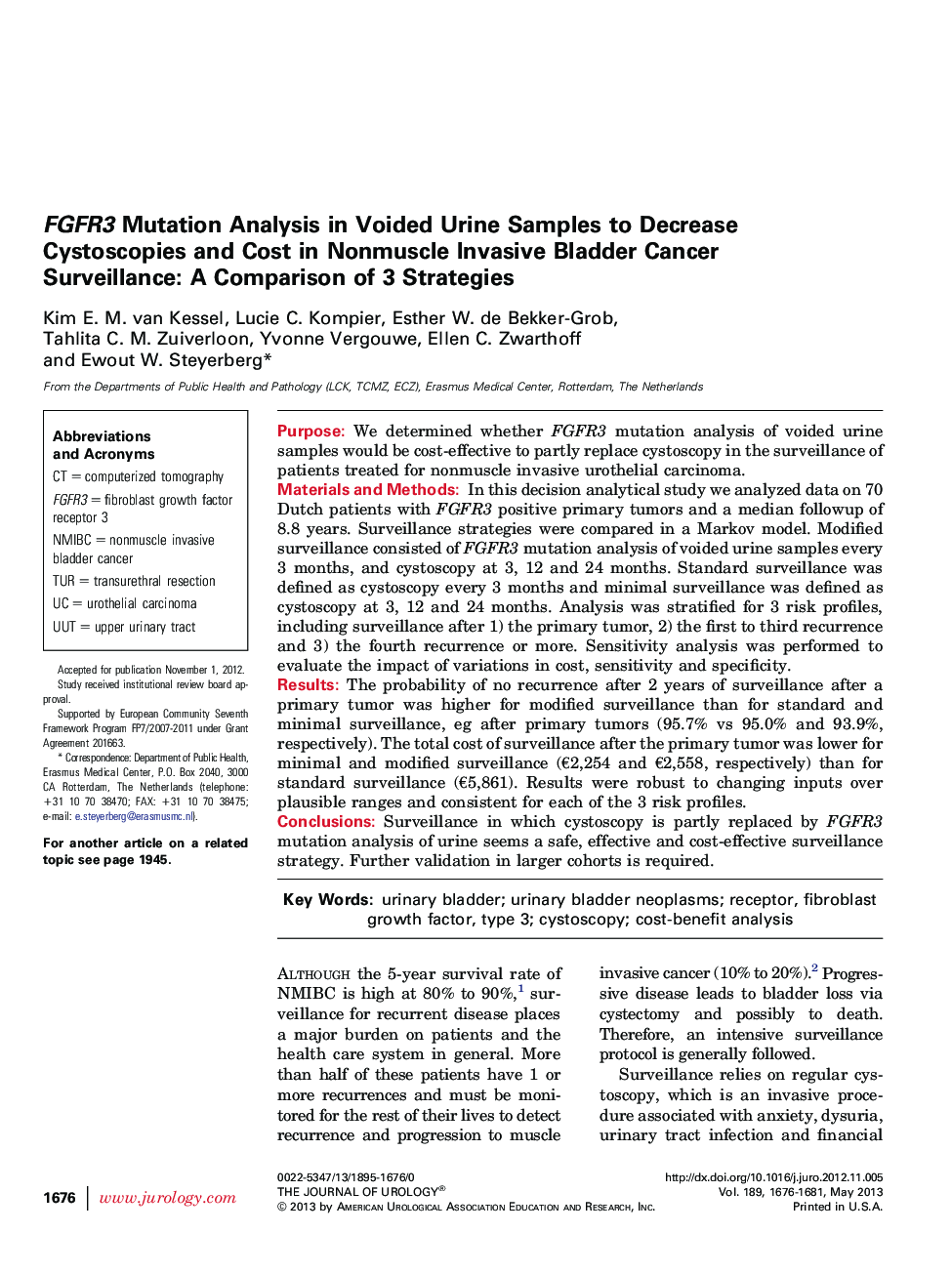 FGFR3 Mutation Analysis in Voided Urine Samples to Decrease Cystoscopies and Cost in Nonmuscle Invasive Bladder Cancer Surveillance: A Comparison of 3 Strategies 