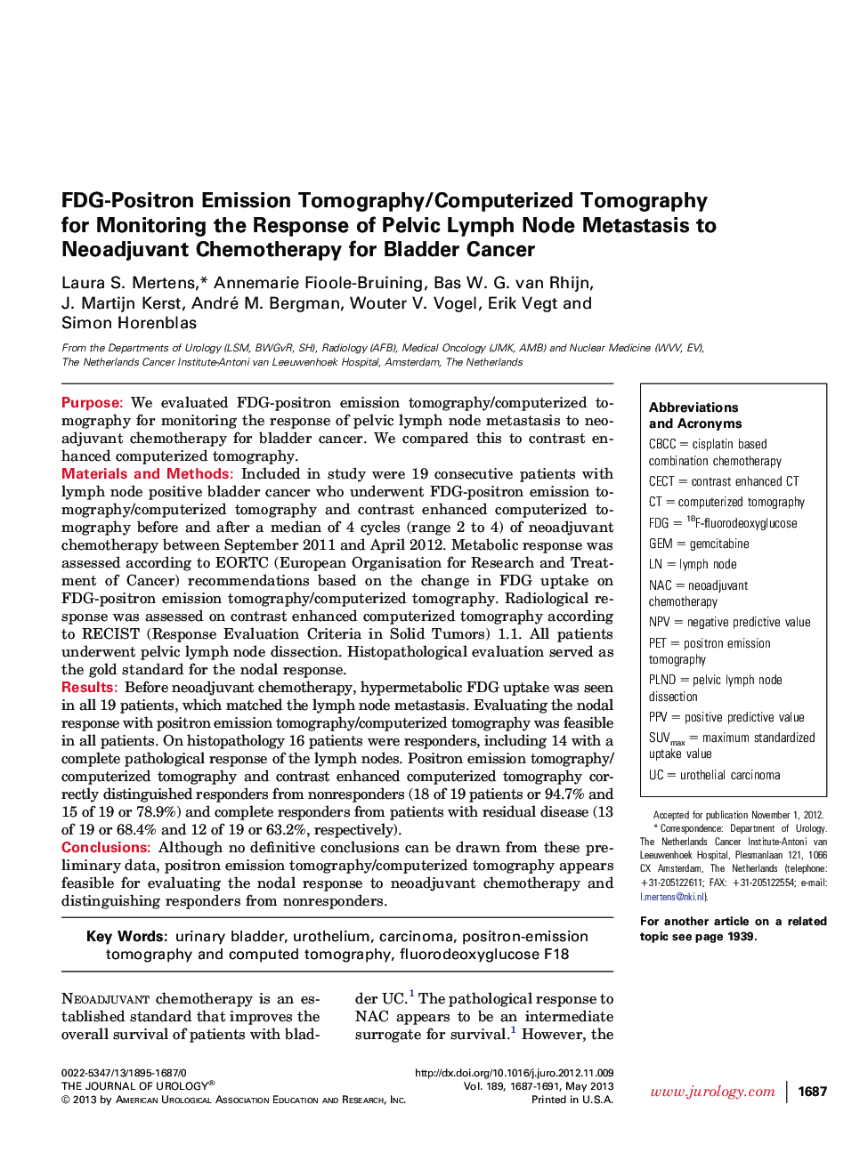 FDG-Positron Emission Tomography/Computerized Tomography for Monitoring the Response of Pelvic Lymph Node Metastasis to Neoadjuvant Chemotherapy for Bladder Cancer 