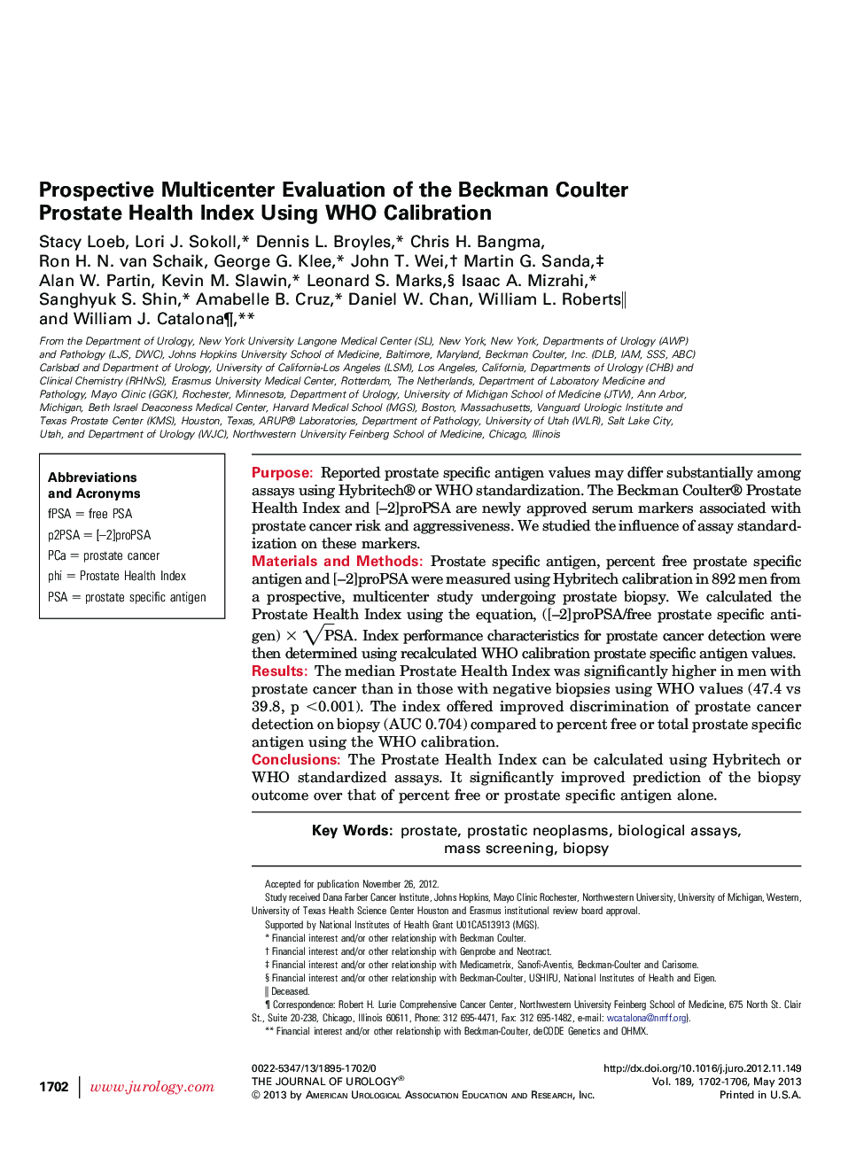 Prospective Multicenter Evaluation of the Beckman Coulter Prostate Health Index Using WHO Calibration