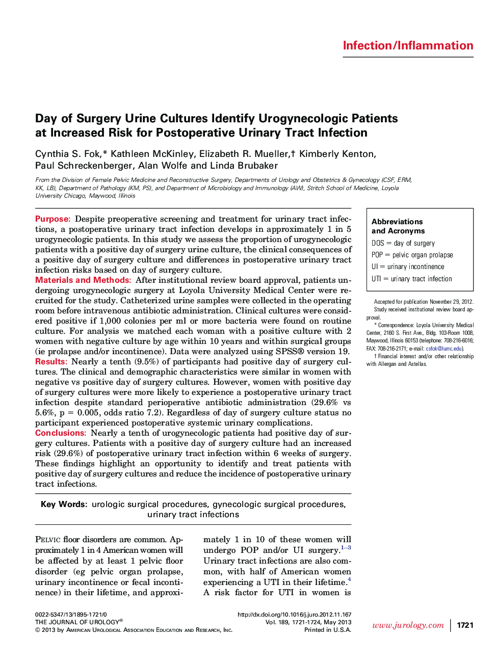 Day of Surgery Urine Cultures Identify Urogynecologic Patients at Increased Risk for Postoperative Urinary Tract Infection