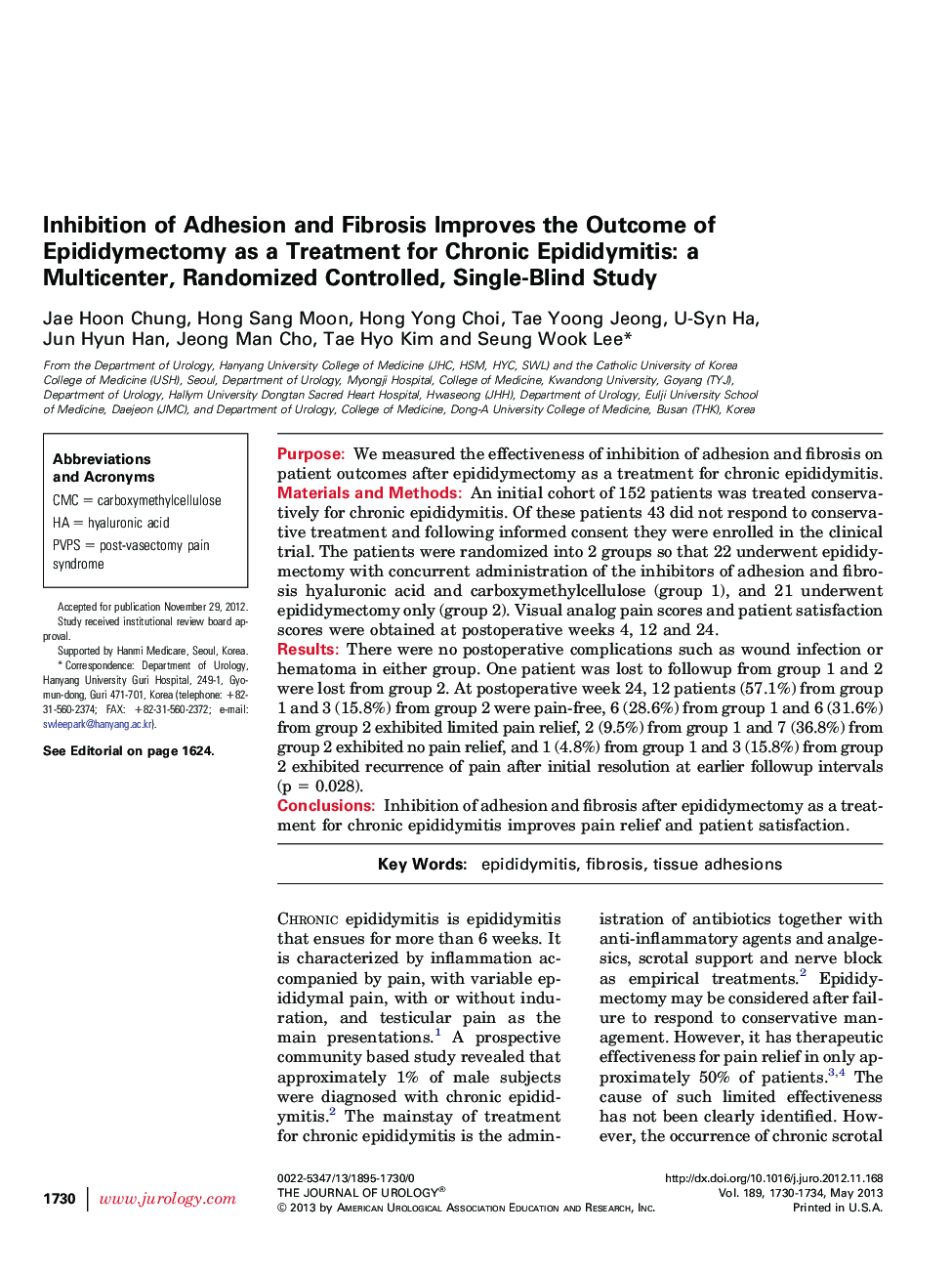 Inhibition of Adhesion and Fibrosis Improves the Outcome of Epididymectomy as a Treatment for Chronic Epididymitis: a Multicenter, Randomized Controlled, Single-Blind Study