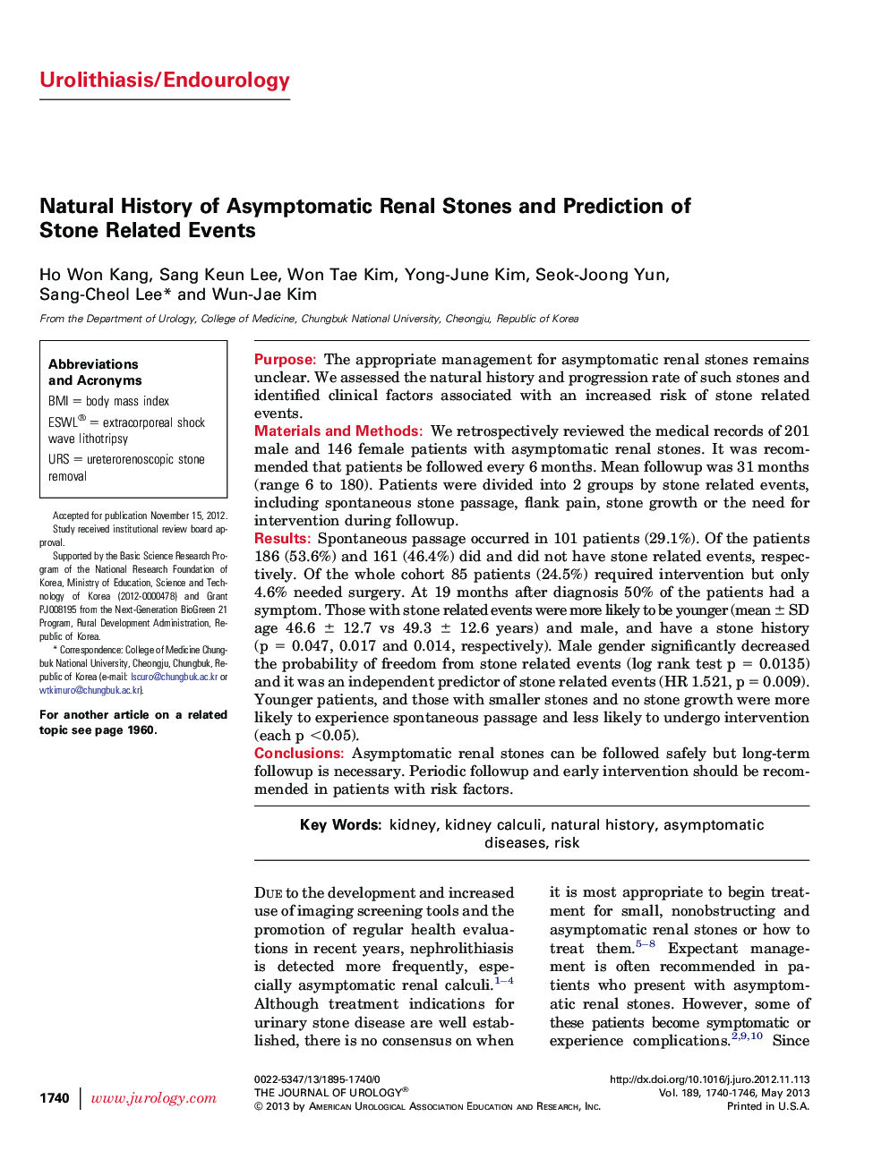 Natural History of Asymptomatic Renal Stones and Prediction of Stone Related Events